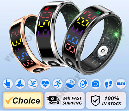-Smart Ring Men Women LED Display Screen,Gift Ring,Heart Rate Blood Oxygen Monitor,Multi Sport Modes,5Atm Waterproof