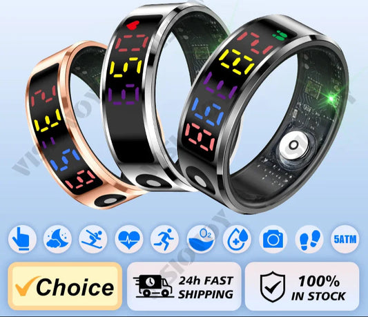 -Smart Ring Men Women LED Display Screen,Gift Ring,Heart Rate Blood Oxygen Monitor,Multi Sport Modes,5Atm Waterproof